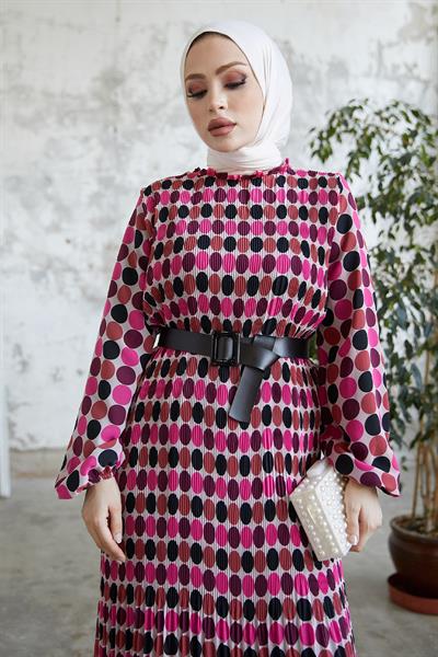 Nerisa Puantiyeli Kemerli Şifon Elbise - Gül Kurusu