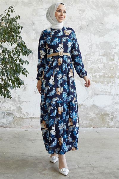 Nerissa Leaf Pattern Indigo Dress