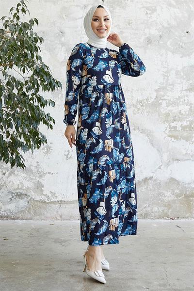Nerissa Leaf Pattern Indigo Dress