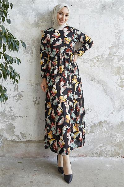 Nerissa Yaprak Desen Siyah Elbise