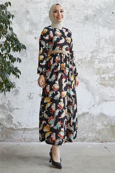 Nerissa Yaprak Desen Siyah Elbise
