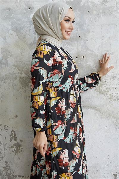Nerissa Yaprak Desen Siyah Elbise