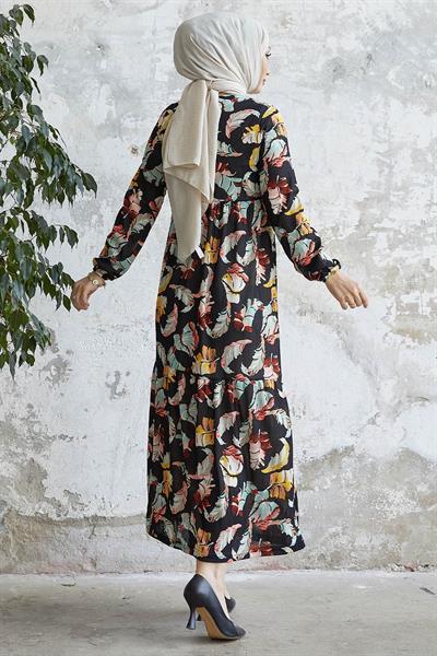 Nerissa Yaprak Desen Siyah Elbise