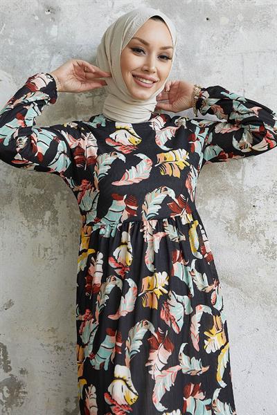 Nerissa Yaprak Desen Siyah Elbise