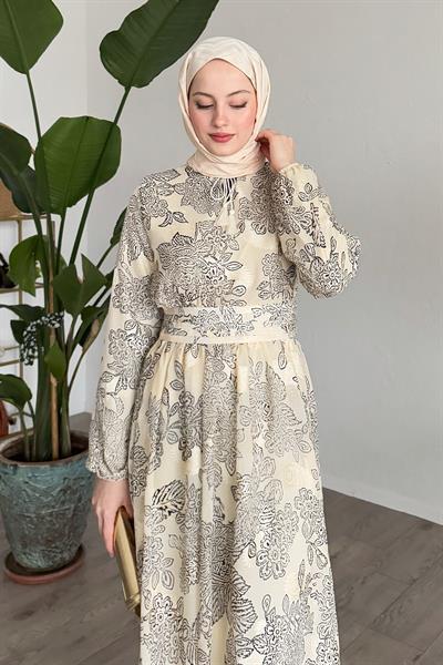 Nervür Bel Detay Bej Şifon Elbise