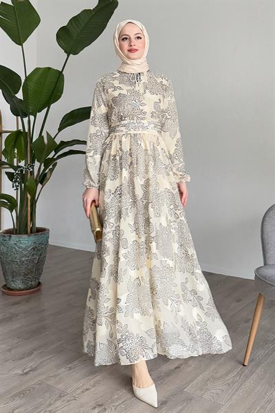 Nervür Bel Detay Bej Şifon Elbise