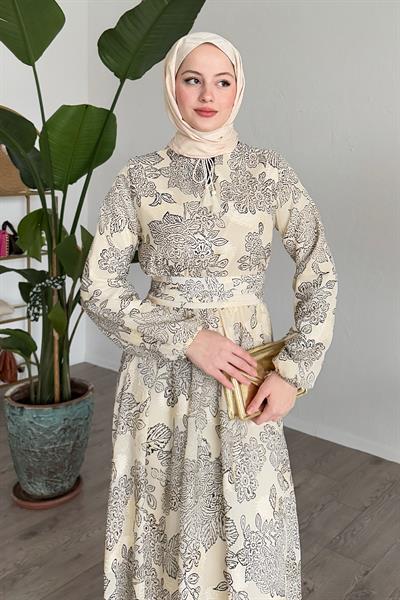 Nervür Bel Detay Bej Şifon Elbise