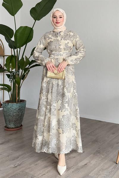 Nervür Bel Detay Bej Şifon Elbise