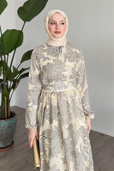 Nervür Bel Detay Bej Şifon Elbise