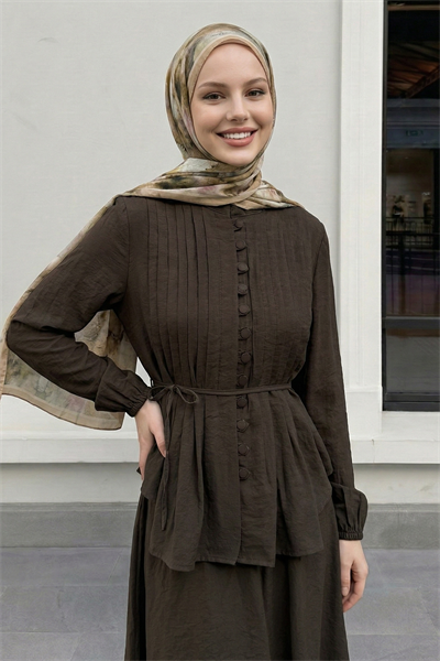 Nervür Detay Düğmeli Acı Kahve Takım