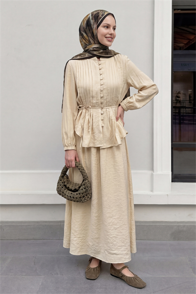 Nervür Detay Düğmeli Bej Takım