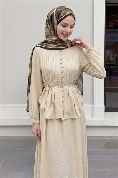 Nervür Detay Düğmeli Bej Takım