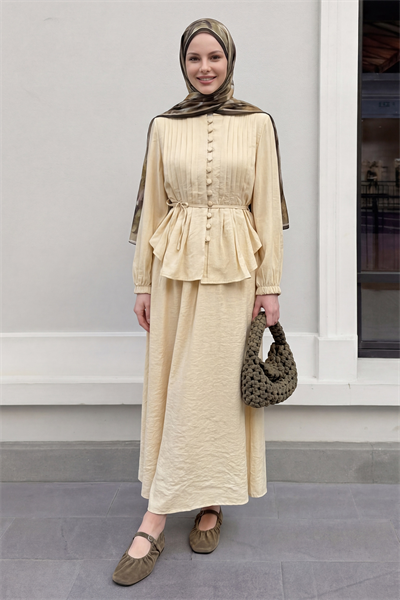Nervür Detay Düğmeli Bej Takım