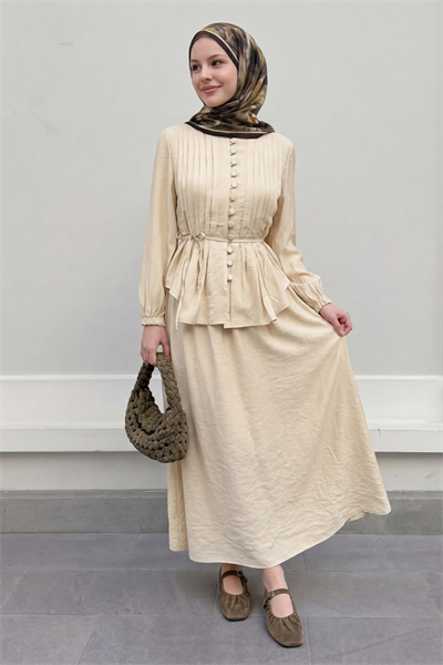 Nervür Detay Düğmeli Bej Takım