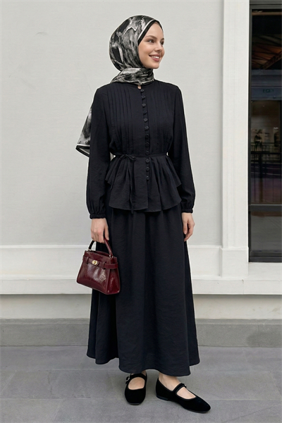 Nervür Detay Düğmeli Siyah Takım