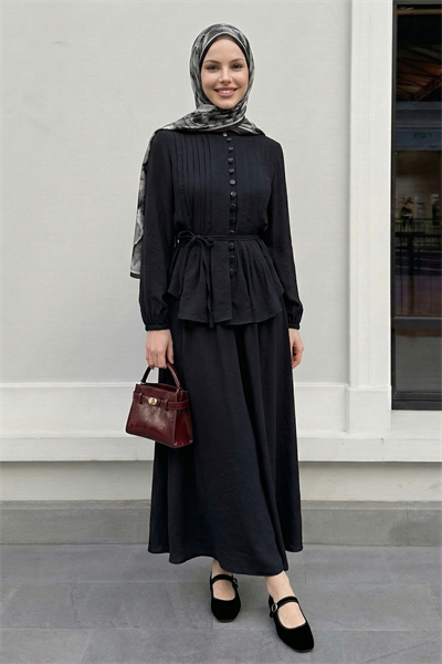 Nervür Detay Düğmeli Siyah Takım