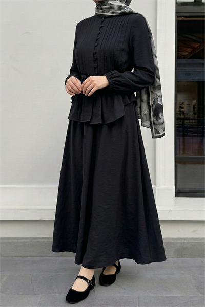 Nervür Detay Düğmeli Siyah Takım