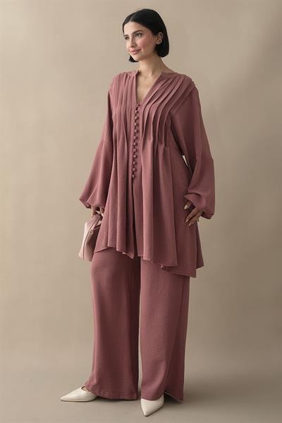 Nervürlü Kolu İpli Gül Kurusu Ayrobin Takım