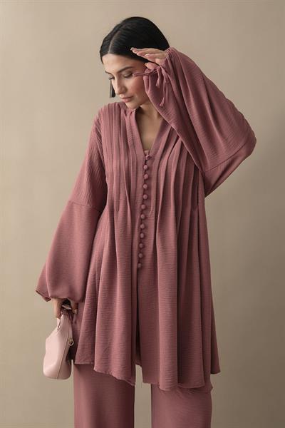 Nervürlü Kolu İpli Gül Kurusu Ayrobin Takım