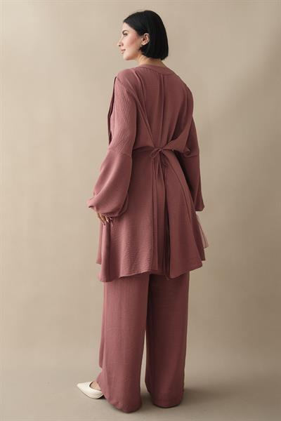 Nervürlü Kolu İpli Gül Kurusu Ayrobin Takım