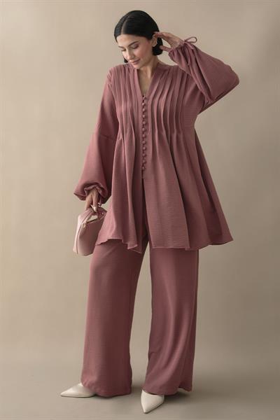 Nervürlü Kolu İpli Gül Kurusu Ayrobin Takım