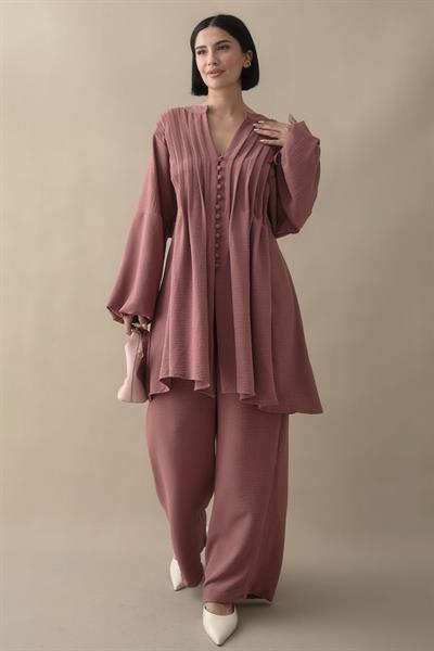 Nervürlü Kolu İpli Gül Kurusu Ayrobin Takım