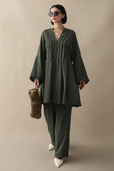 Nervürlü Kolu İpli Haki Ayrobin Takım