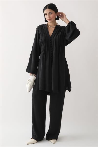 Nervürlü Kolu İpli Siyah Ayrobin Takım