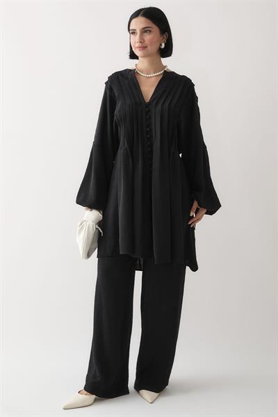 Nervürlü Kolu İpli Siyah Ayrobin Takım