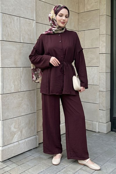 Nervürlü Tunik-Pantolon Mürdüm Takım