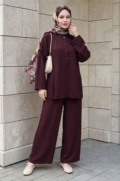 Nervürlü Tunik-Pantolon Mürdüm Takım