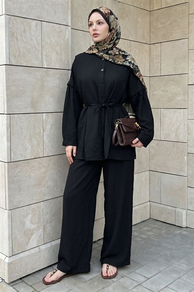 Nervürlü Tunik-Pantolon Siyah Takım