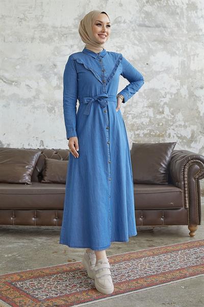 Nerya Fırfırlı Düğmeli Kot Elbise - Açık Mavi