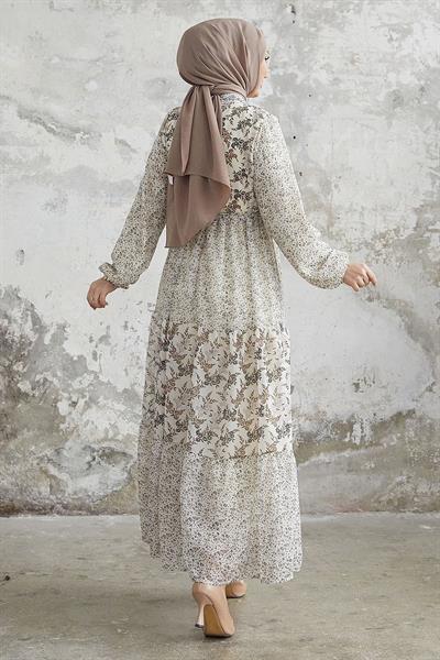 Nessa Çiçekli Kuşaklı Şifon Elbise - Kahverengi