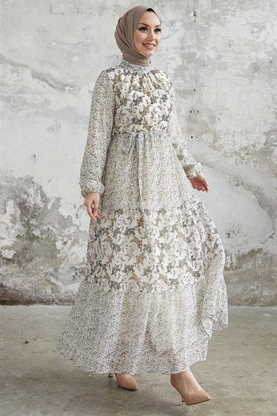 Nessa Çiçekli Kuşaklı Şifon Elbise - Kahverengi