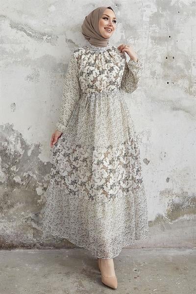 Nessa Çiçekli Kuşaklı Şifon Elbise - Kahverengi