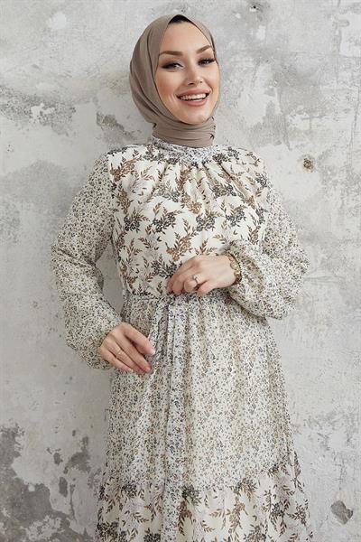 Nessa Çiçekli Kuşaklı Şifon Elbise - Kahverengi