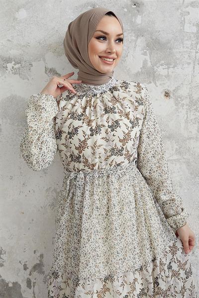 Nessa Çiçekli Kuşaklı Şifon Elbise - Kahverengi