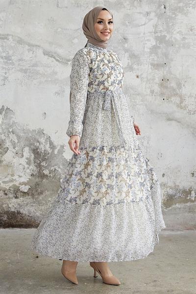 Nessa Çiçekli Kuşaklı Şifon Elbise - Mavi