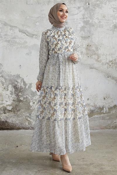 Nessa Çiçekli Kuşaklı Şifon Elbise - Mavi