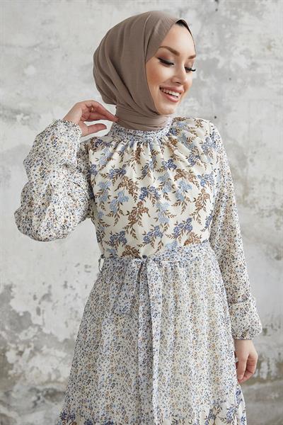 Nessa Çiçekli Kuşaklı Şifon Elbise - Mavi