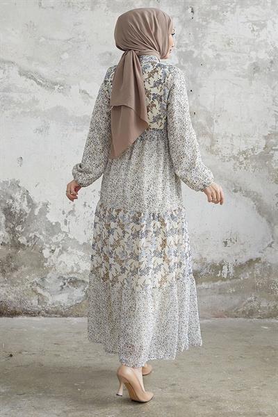 Nessa Çiçekli Kuşaklı Şifon Elbise - Mavi