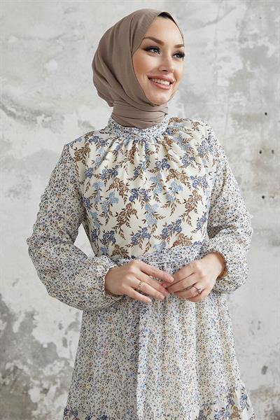 Nessa Çiçekli Kuşaklı Şifon Elbise - Mavi