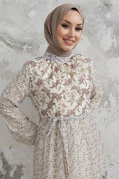 Nessa Çiçekli Kuşaklı Şifon Elbise - Pudra