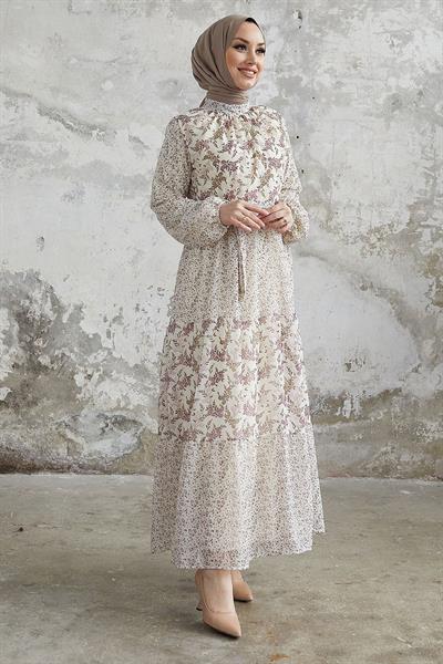 Nessa Çiçekli Kuşaklı Şifon Elbise - Pudra