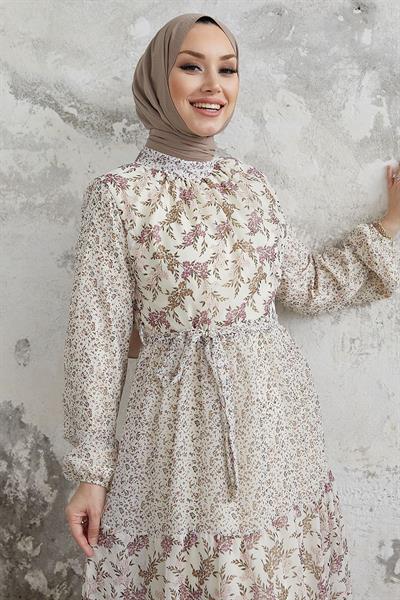 Nessa Çiçekli Kuşaklı Şifon Elbise - Pudra