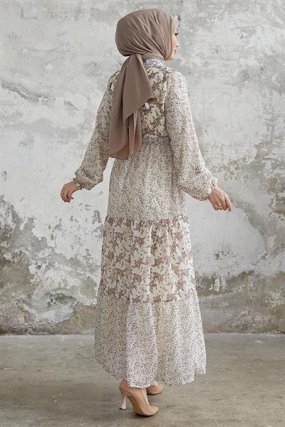 Nessa Çiçekli Kuşaklı Şifon Elbise - Pudra