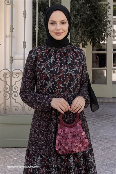 Nessa Çiçekli Kuşaklı Şifon Elbise - Siyah