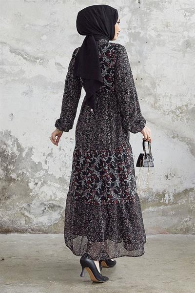 Nessa Çiçekli Kuşaklı Şifon Elbise - Siyah