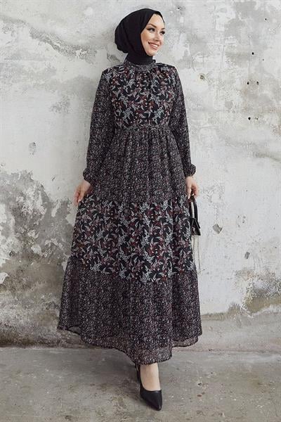 Nessa Çiçekli Kuşaklı Şifon Elbise - Siyah